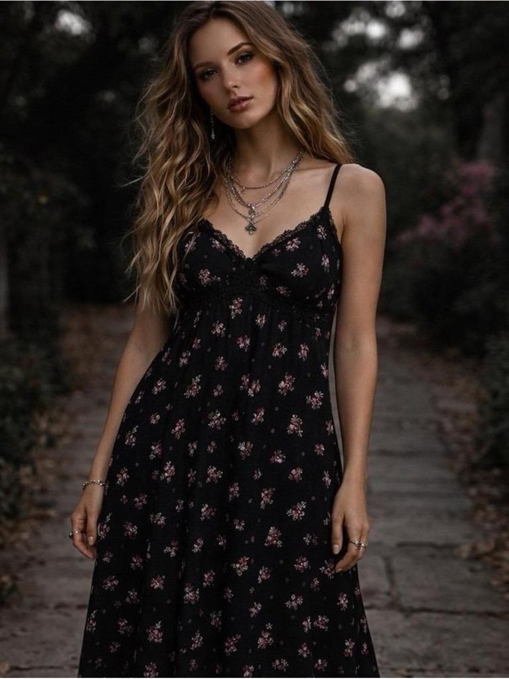 NO BOUNDARIES | Black Floral Spaghetti-Strap Midi Dress